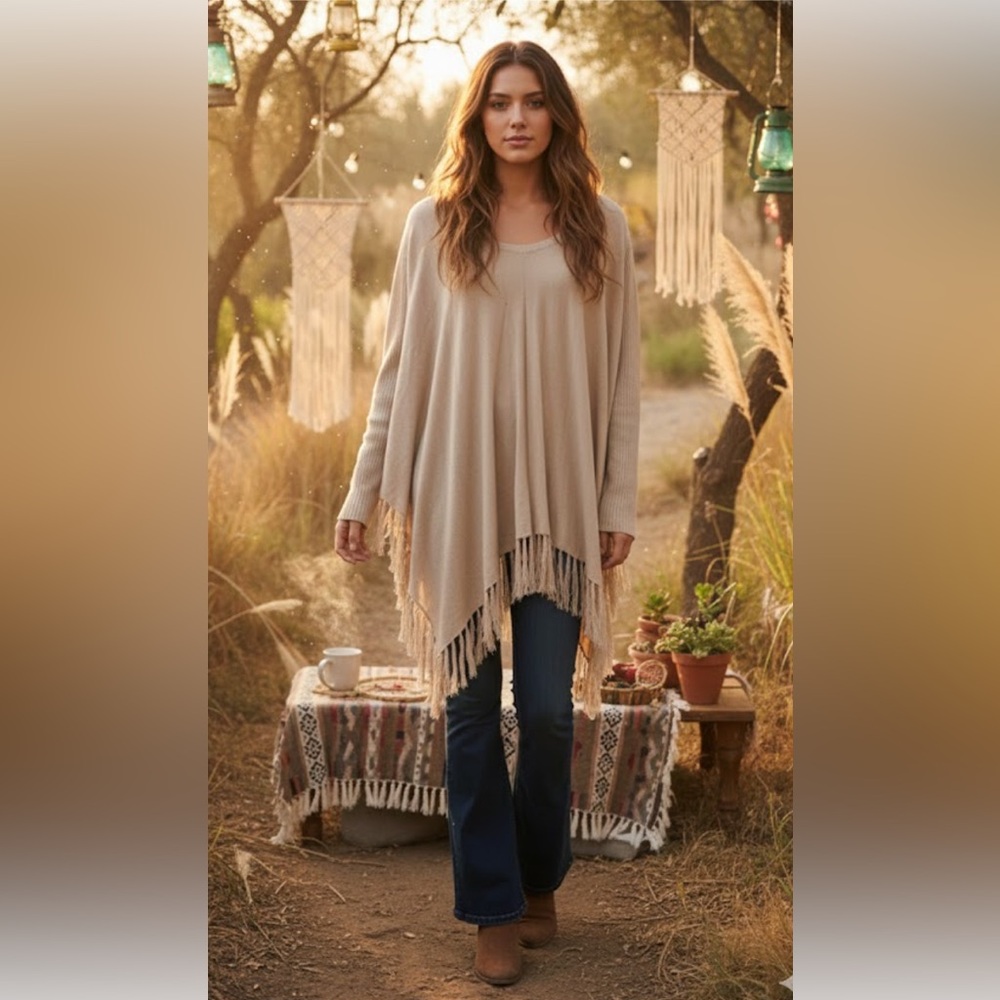 RAZZLE DAZZLE Beige Fringe Poncho Sweater size medium
